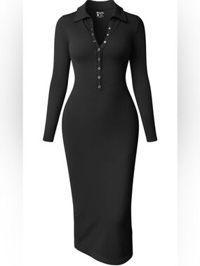 Long Sleeve Maxi Dress Ribbed Back Slit Button Down Bodycon